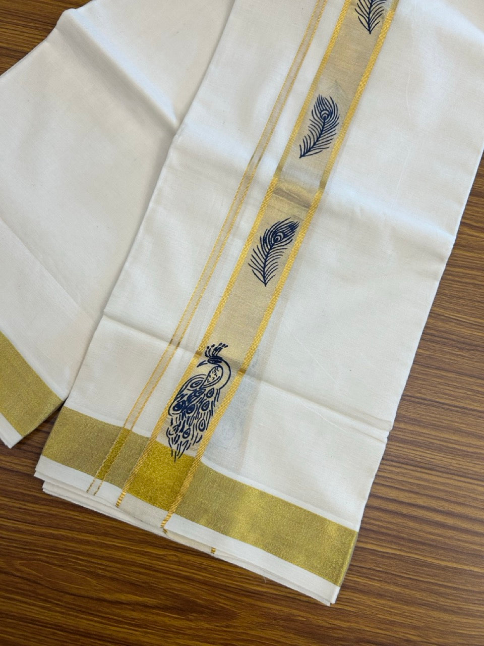 KaithariKada 100% Cotton Double Off White - (Ubleached) Mundu/Dhoti - 80x80 - 1.5 inch Gold Kasavu & Navy Blue Peacock Printed Design Kara - 4 mtr (8 muzham)- 19 KK5262 STH