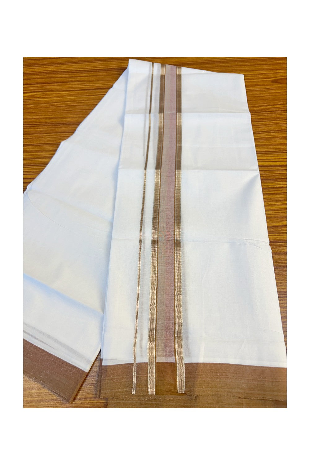 21% DISCOUNT!! Kaitharikada Balaramapuram 100% Cotton Ultra WHITE Double Mundu/Dothi-100x80 2.5 Inch BROWN & SILVER STRIPED Cotton Kara -19KK63VIN