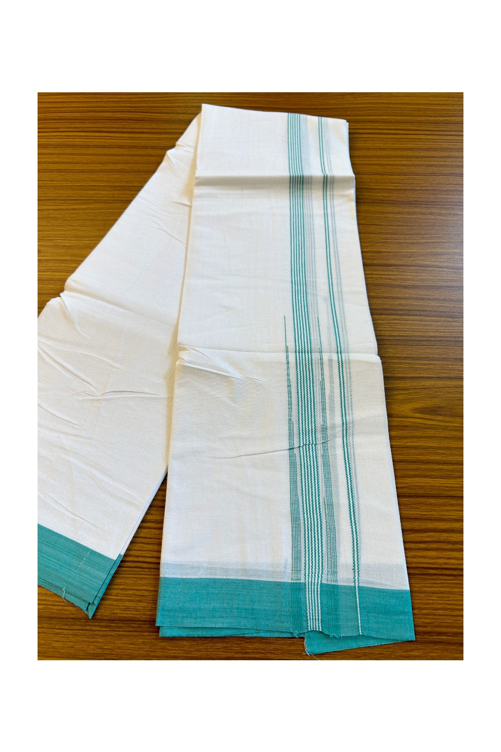 22% DISCOUNT!! Kaitharikada Balaramapuram 100% Cotton PURE WHITE Double Mundu/Dothi-100x100 2 Inch TURQUOISE BLUE Striped Cotton Kara 3.80m (8 Muzham) - 19KK74RAM