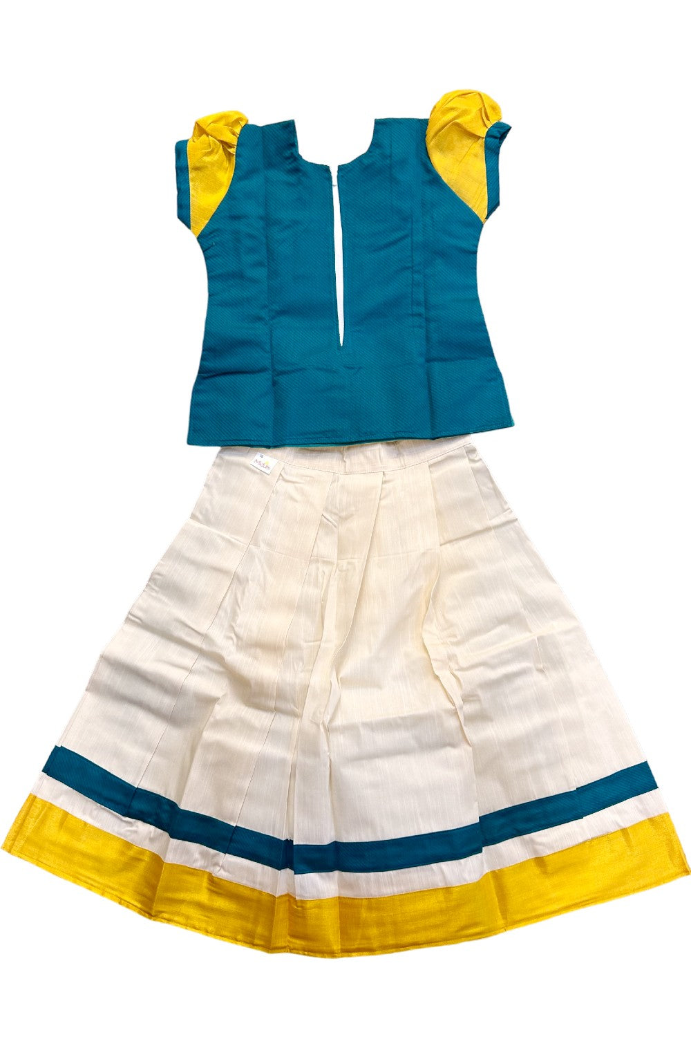 Midukki-Traditional South Indian Kids Pattu Pavada- peacock green top with emboss work offwhite skirt with kasavu - Age 8 - KK8MID0019