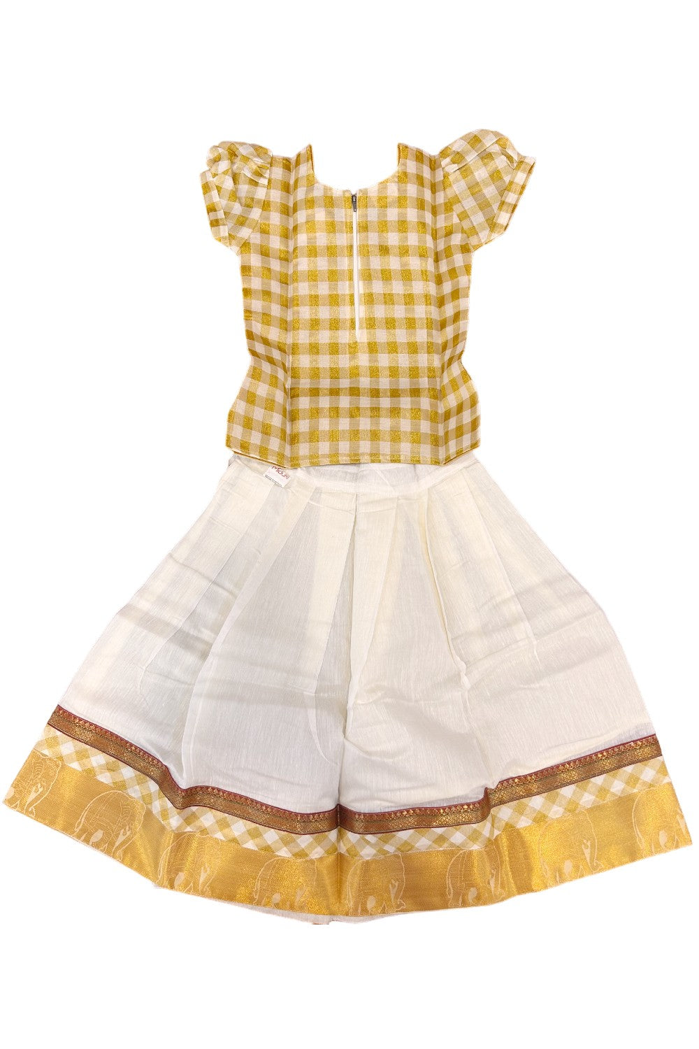 Midukki-Traditional South Indian Kids Pattu Pavada- Offwhite check top offwhite skirt with kasavu- Age 7 - KK7MID0022
