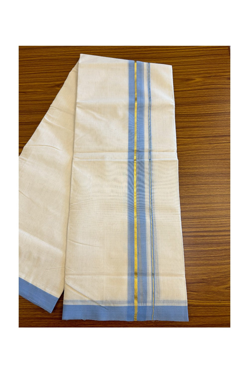 30% DISCOUNT! KaithariKada HANDLOOM Millpaav Balaramapuram - 100% PURE Cotton Off White (Unbleached) - Double Mundu/Dhoti - 2.25 inch Gold Kasavu & Blue Kara- 13