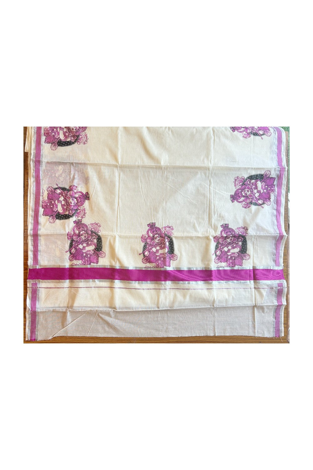 25% Discount! Kaitharikada Kerala Saree - Cotton Off white - Silver Kasavu & Pink Zari with Mural Prints-19KK300VIN