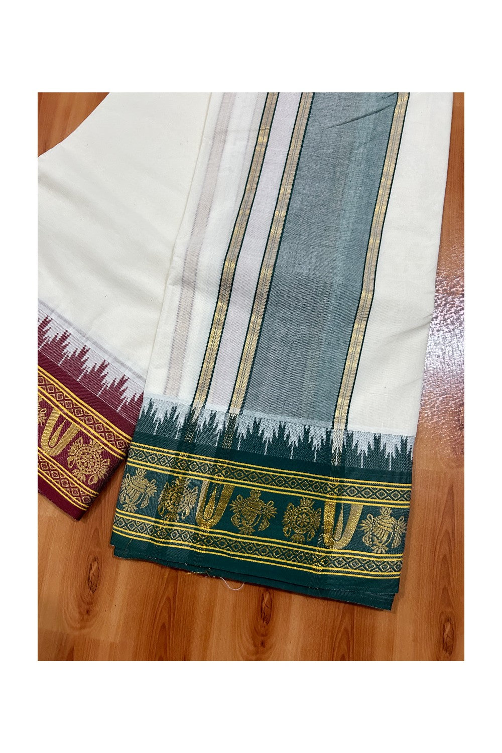 36% DISCOUNT! KaithariKada Cotton Mix- Off White - (Unbleached) -80x80 thread - 80% Cotton & 20% Polyester NORTH INDIAN - ATTACHED GAMCHA 9X5 Dhoti 5inch Green kara with Maroon & Green Kasavu border - 19KK5005PMC