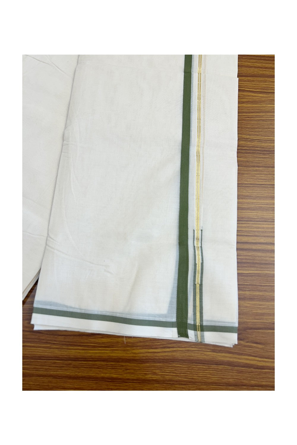 7% Discount Latest!! KaithariKada Balaramapuram 100% Cotton Double Off white - (Unbleached) Mundu/Dhoti-100x100 - 1.cm Puliyilakkara Chutty Dark Sage green & Kasavu Kara - KK8DOT073
