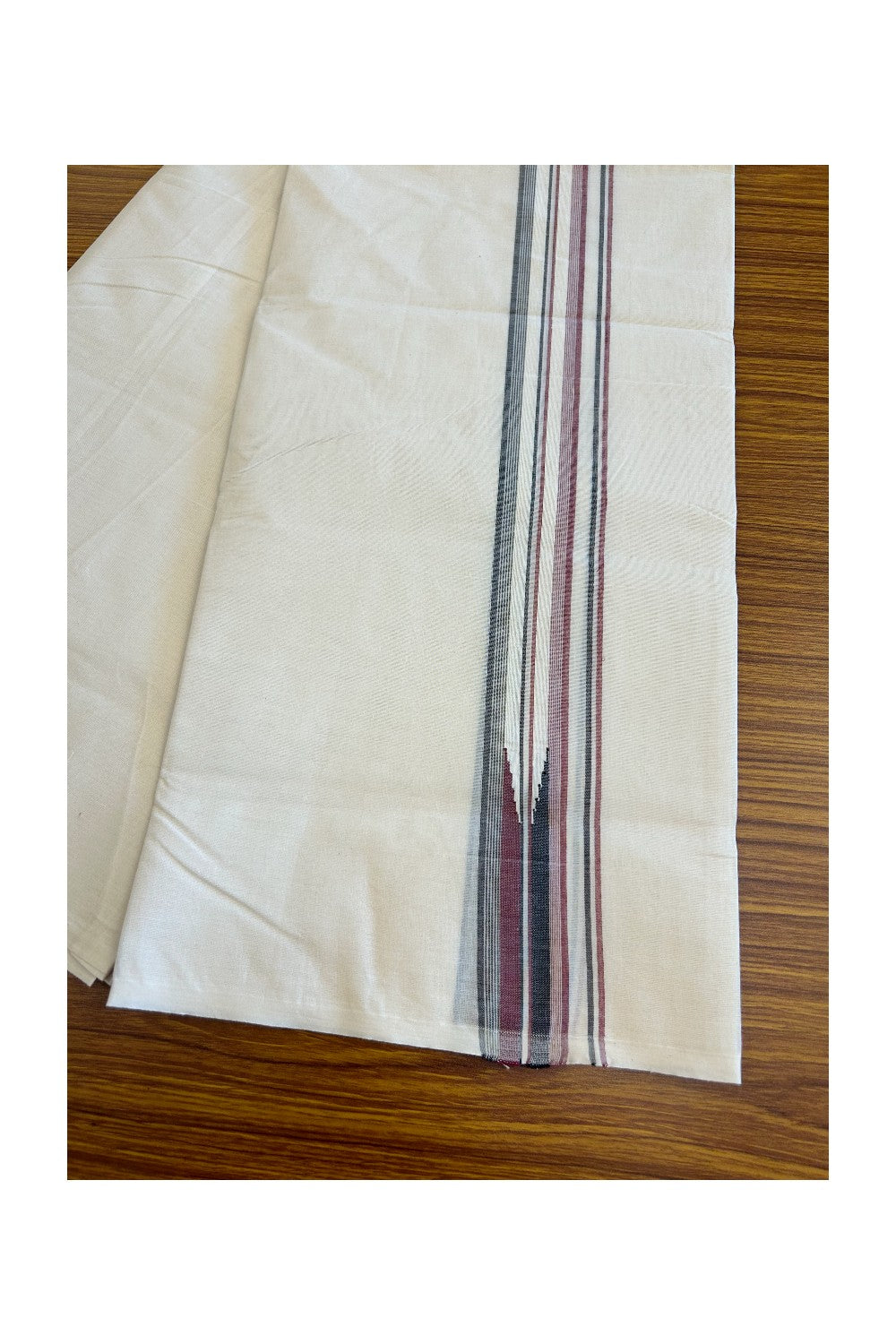 ADMK VESHTI 18% Discount !! KaithariKada Balaramapuram Double Off white - (Unbleached) Mundu/Dhoti - 100X100 - 1.5 inch Puliyilakkara Maroon & Black Striped Chutty Kara - 19KK5045ASH