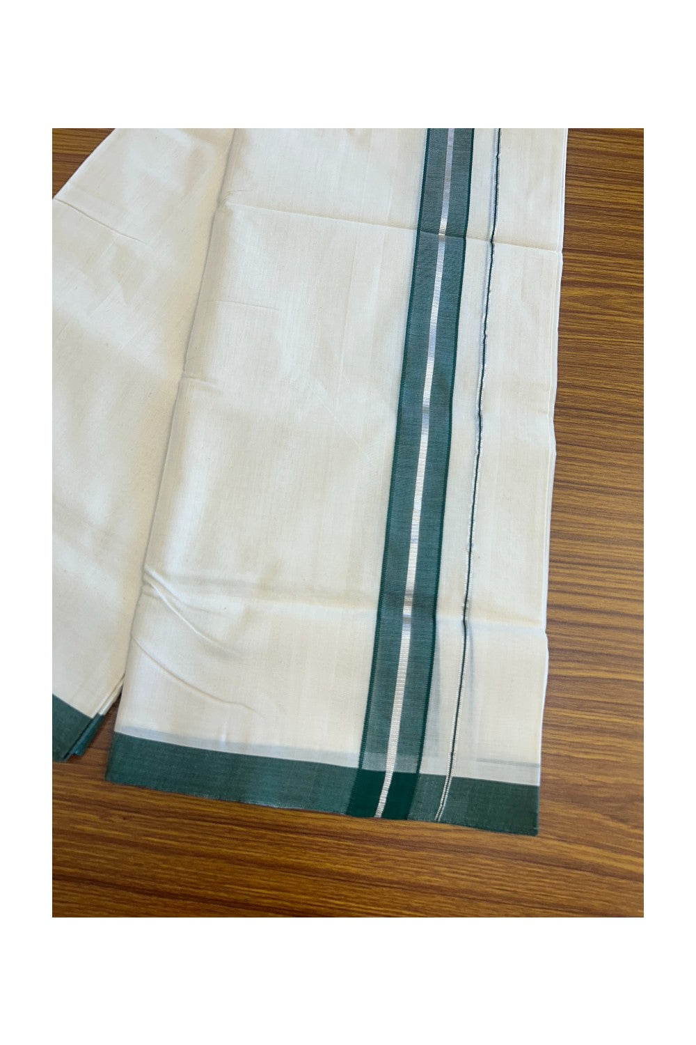 25% Discount KaithariKada Handloom Unakkupaav Balaramapuram - 100% Pure Cotton Off White (Unbleached) - 100x100 Double Mundu/Dhoti - 2 inch Silver Kasavu & Green Kara-96