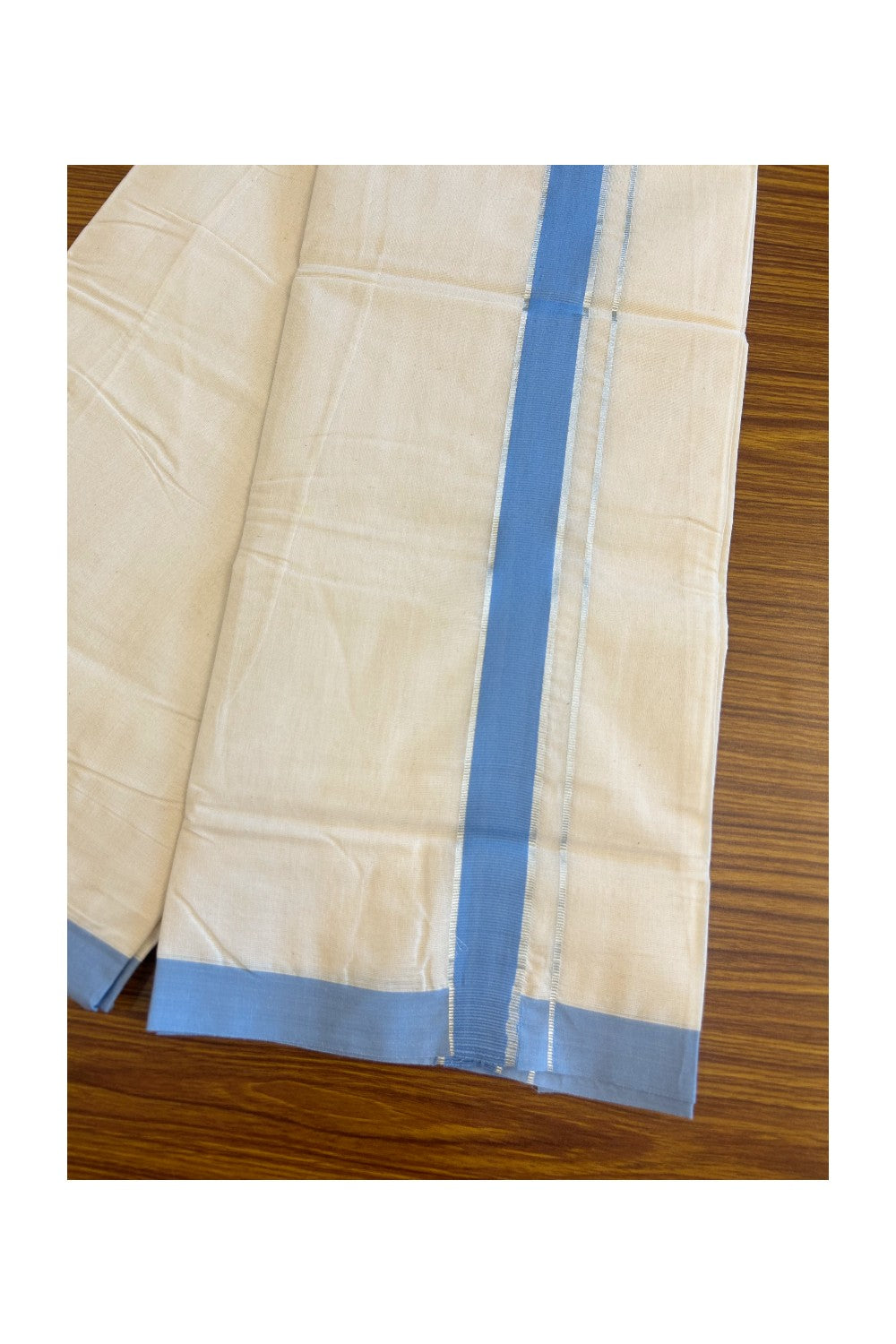 20% Discount KaithariKada Balaramapuram 100% Cotton Double Off white - (Unbleached) - Mundu/Dhoti - 100x80 - 2 inch Silver Kasavu & Blue Kara 3.75 mtr (8 Muzham)- 117