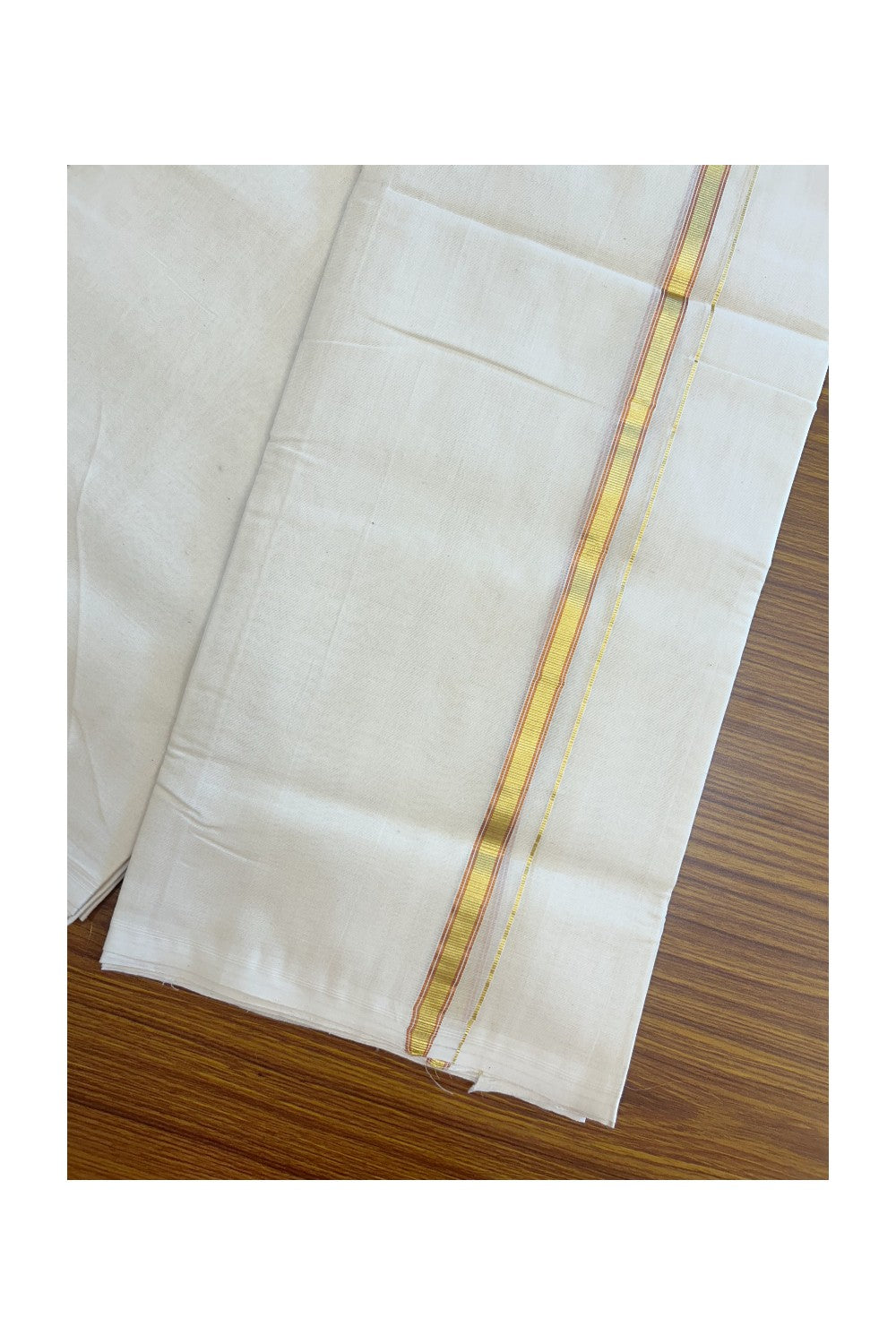 25% DISCOUNT! KaithariKada BALARAMAPURAM HANDLOOM UNAKKUPAAV - 100% PURE Cotton Off white (Unbleached) Double Mundu/Dhoti - 0.5 inch Gold Kasavu & Copper Kasavu Striped Kara (8 Muzham) - 3KK5161SOM