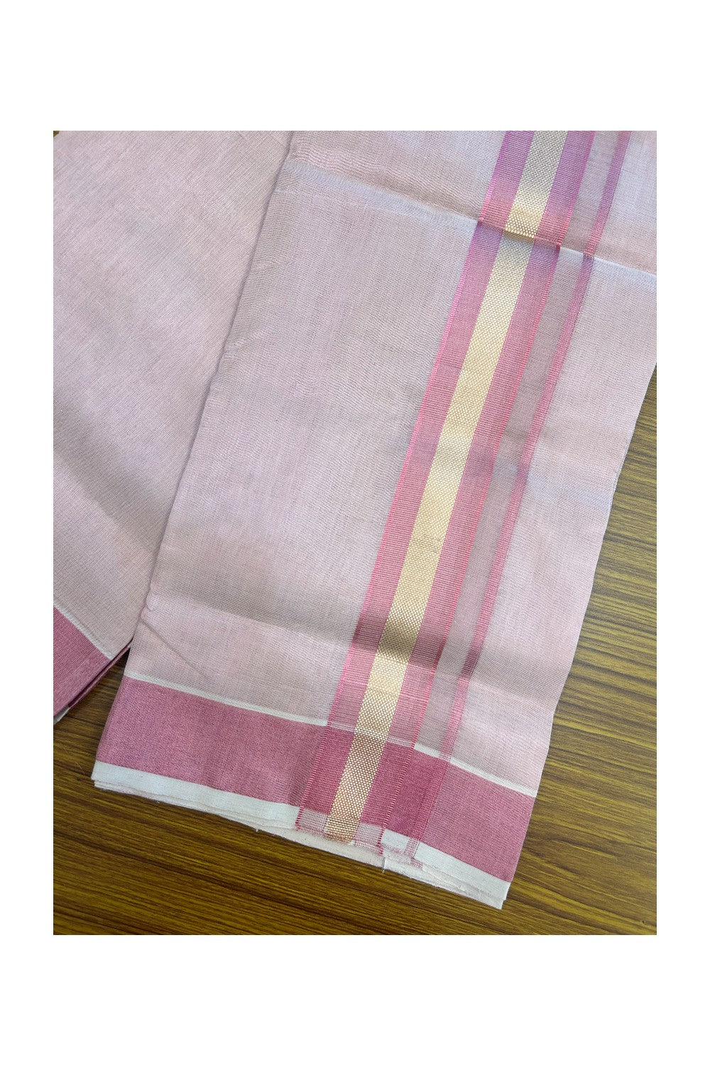 25% DISCOUNT! KaithariKada HANDLOOM MILLPAAV Balaramapuram - 100% PURE Cotton Off White (Unbleached) - Double Mundu/Dhoti - 2 inch Gold Kasavu striped kara & Pink Tissue Body - 19KK5170RAM