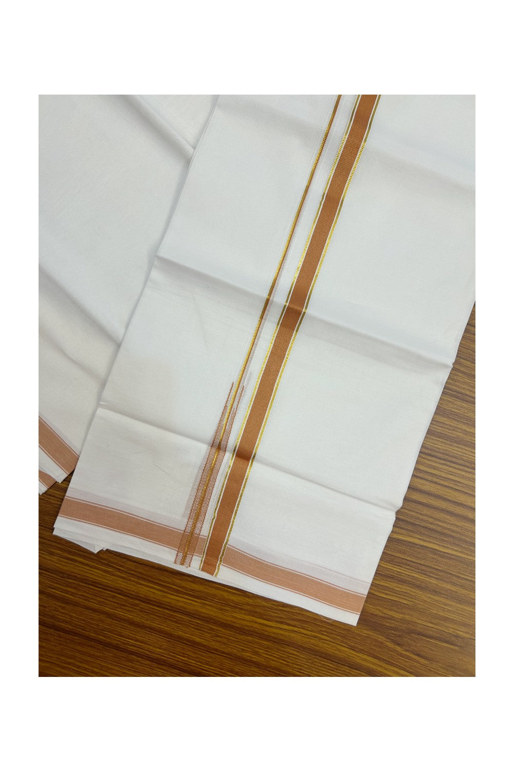 20% DISCOUNT!! KaithariKada Balaramapuram 100% Cotton PURE WHITE Double Mundu/Dhoti-100x80 - 0.5 inch Orange Brown Kasav Chutty Kara - 19KK5191CKS
