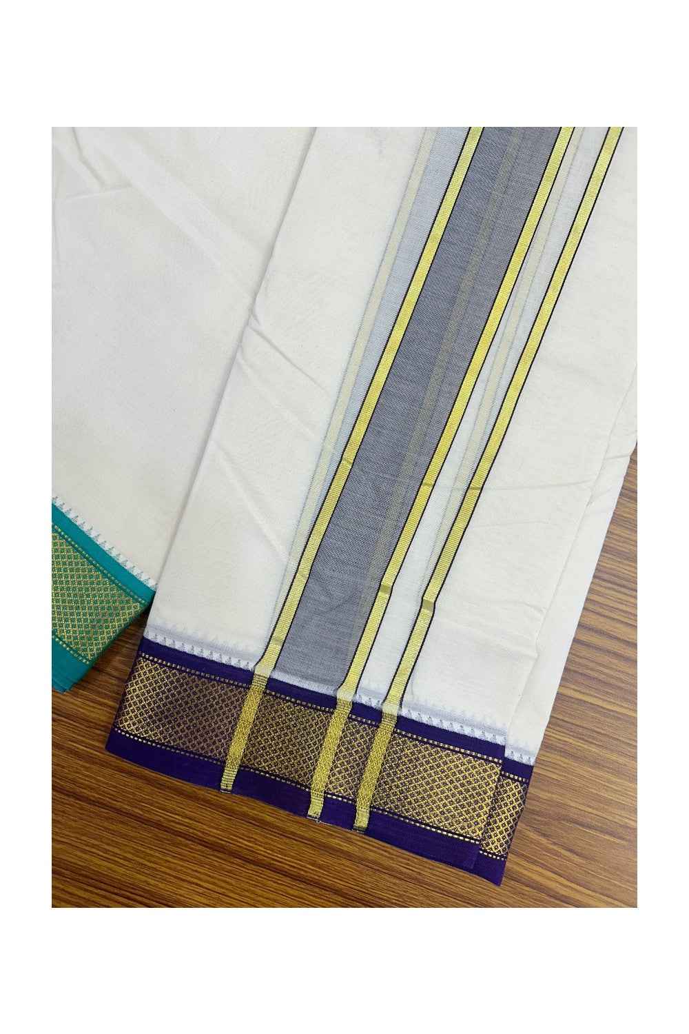 20% DISCOUNT! KaithariKada 100% Cotton Off White - (Unbleached) 100x100 thread - NORTH INDIAN- ATTACHED GAMCHA 9X5 Dhoti 2 inch Dark Brown kara with Deep Violet & Jade Green Kasavu border- 19KK5196PMC