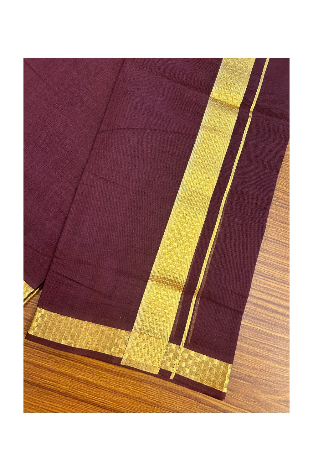 25% Discount! KaithariKada Handloom UNAKKUPAAV Balaramapuram - 100% Cotton Double Mundu/Dhoti - Wine Purple Colour Body - 1.75 inch Gold Kasavu Jacquard Design Kara - 19KK5208ABH