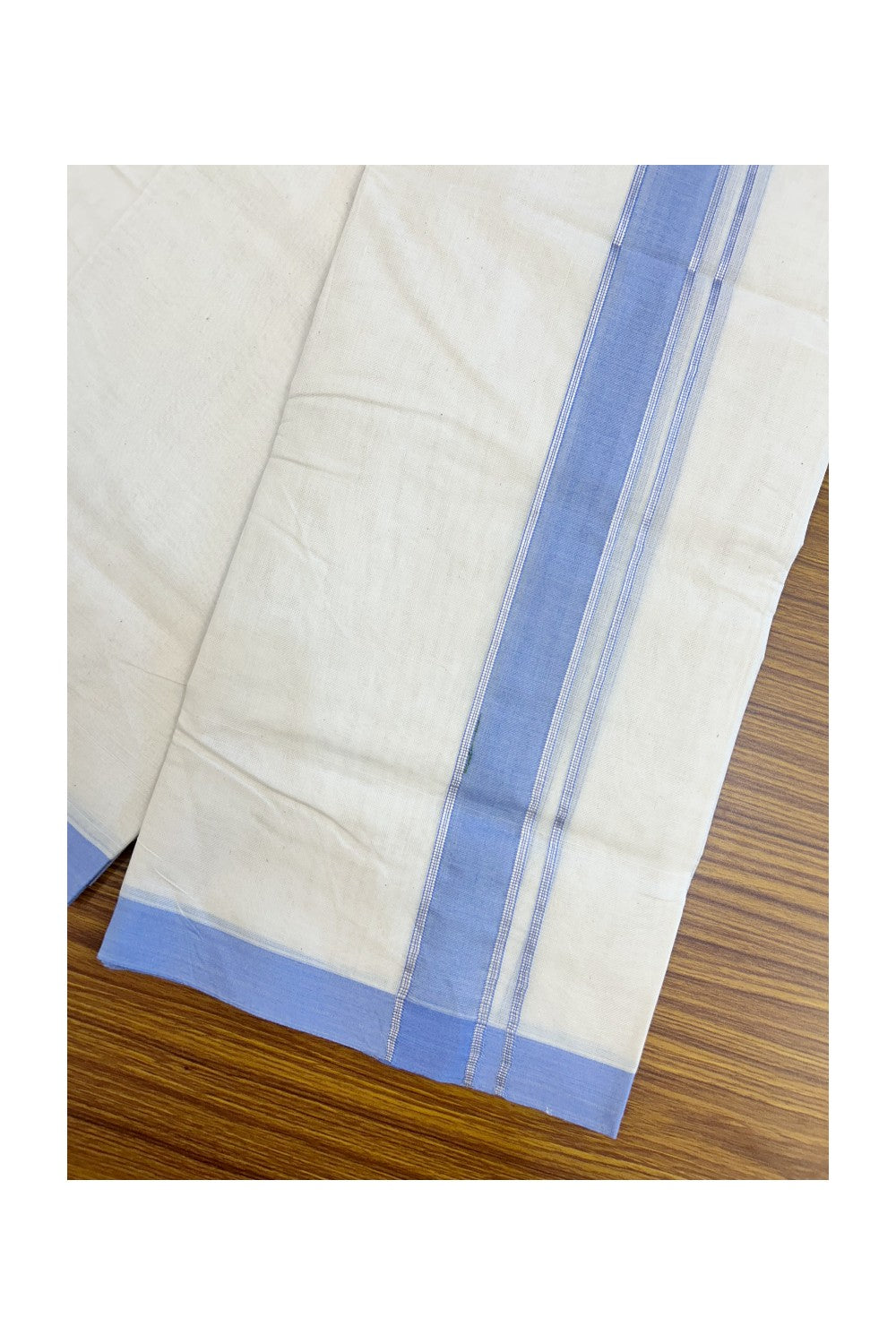 NEW !! 20% DISCOUNT!! KaithariKada Balaramapuram 100% Cotton Double Off white - (Unbleached) Mundu/Dhoti-100x80 - 1.5 inch Silver Kasavu & Lavender Blue Shaded Striped KARA - 3.75 mtr (8 Muzham) - 19KK5218 ASH