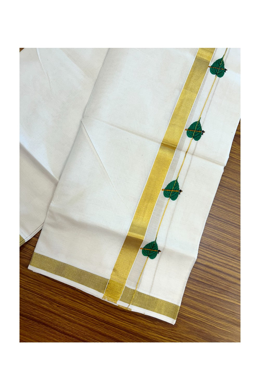 22% Discount!! KaithariKada Balaramapuram 100% Cotton DOUBLE OFF WHITE - (Ubleached) Mundu/Dhoti - 80x90 - 1 inch Gold Kasavu with Green Leaf & Flute Printed Design Kara - 19KK5219 GAN