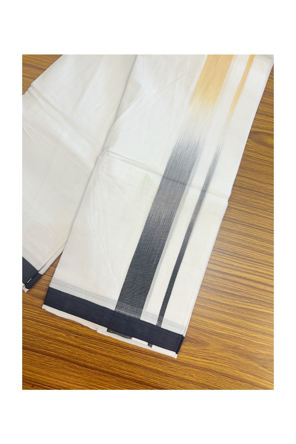 20% Discount!!! KaithariKada Balaramapuram Double PURE WHITE RAINBOW Mundu/Dhoti - 100X80 - 1.5 inch Black & Orange Yellow shaded Striped Designer Kara - 19KK5220 THI