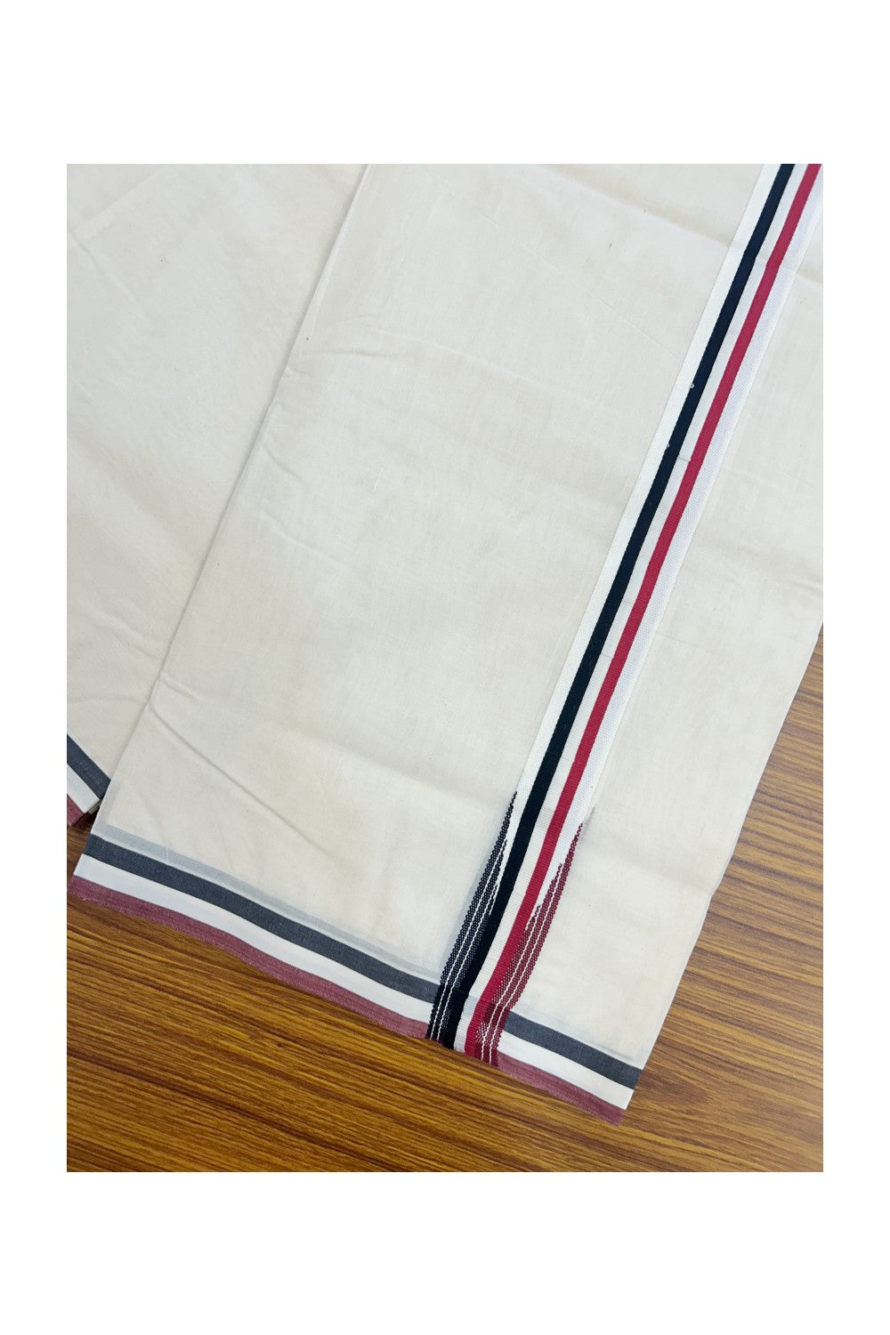 ADMK VESHTI - 20% DISCOUNT! KaithariKada 100% Cotton off white Double - (Unbleached) Mundu/Dhoti - 100X100 - 1.25 inch Black White & Maroon Red Wings Chutty kara 3.84 m - 19KK5226 ASH