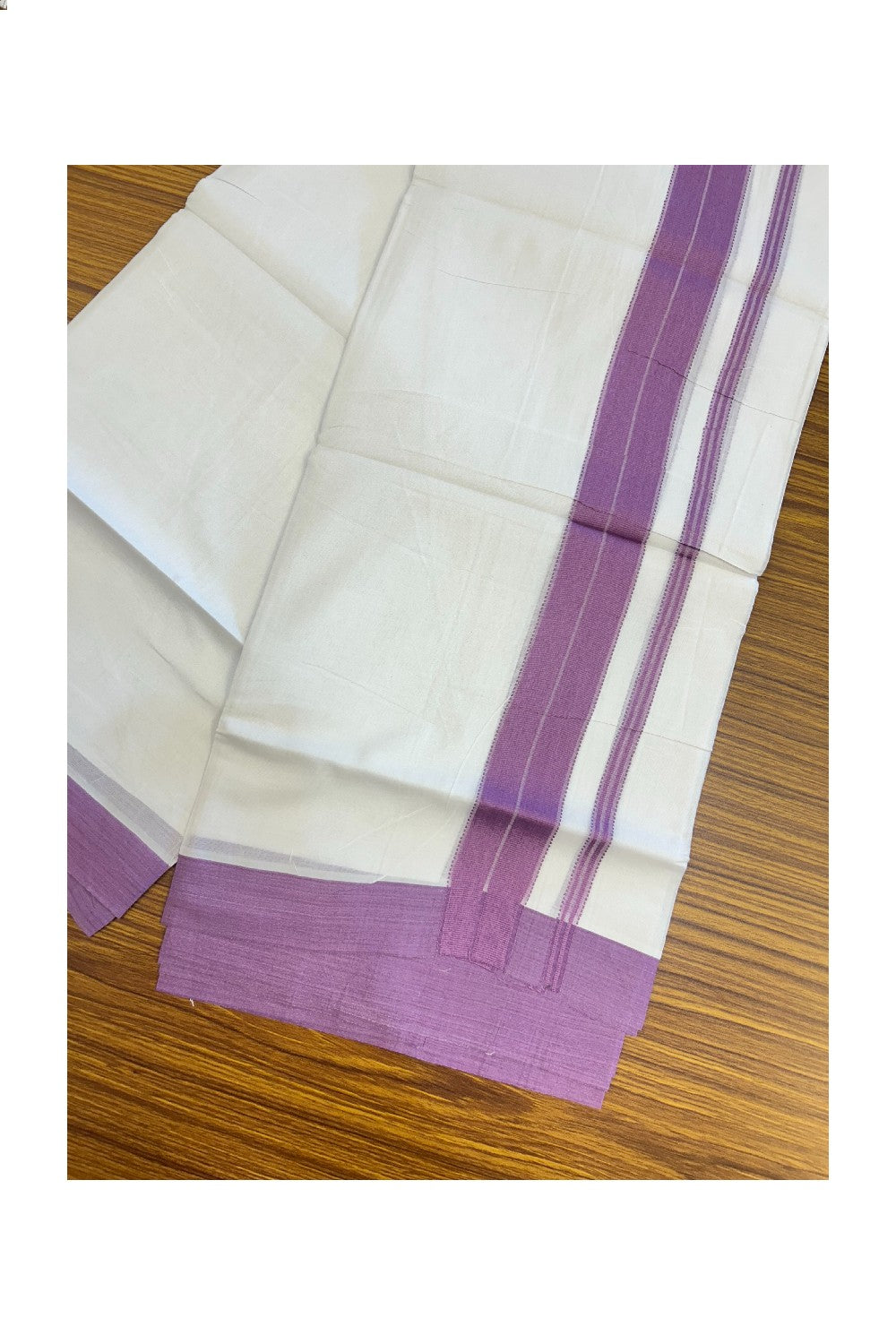 20% DISCOUNT! KaithariKada Balaramapuram 100% Cotton Double Pure white Mundu/Dhoti- 100x80 - 1.75 inch Purple Pink Striped Kara - 3.76mtr ( 8 muzham) - 19KK5227 PMC