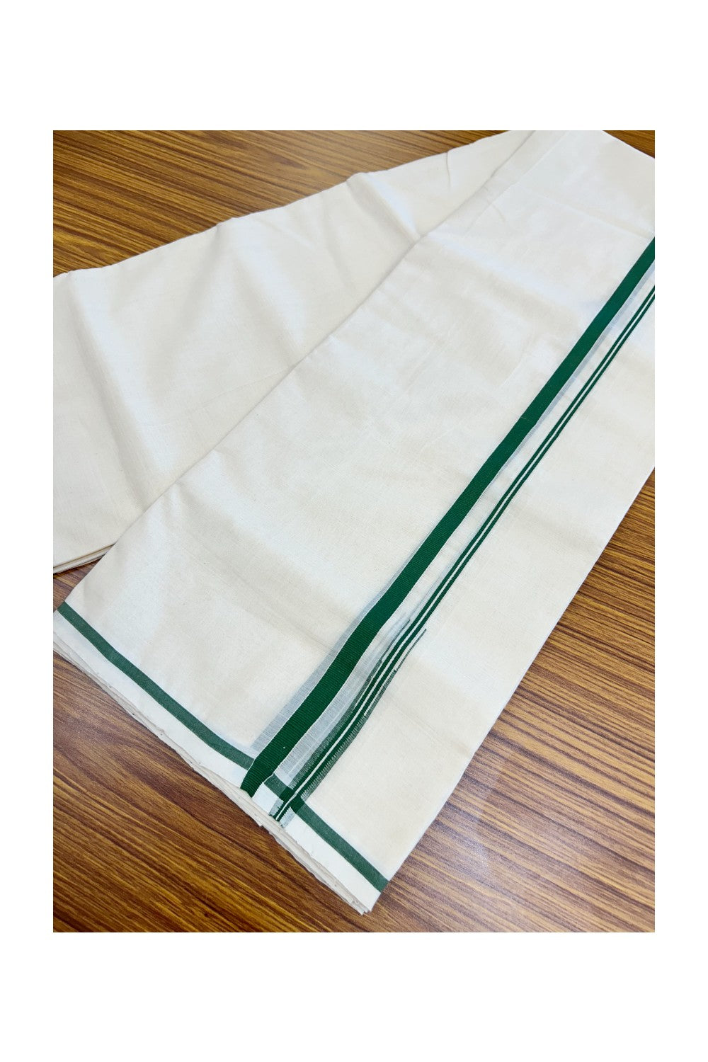 25% Discount KaithariKada HANDLOOM Millpaav Balaramapuram - 100% PURE Cotton OFF WHITE (Unbleached) Double Mundu/Dhoti - 80X90 - Puliyilakkara 1 cm Green Chutty Kara 4 mtr (8.5 muzham)- 19KK5234 RAM