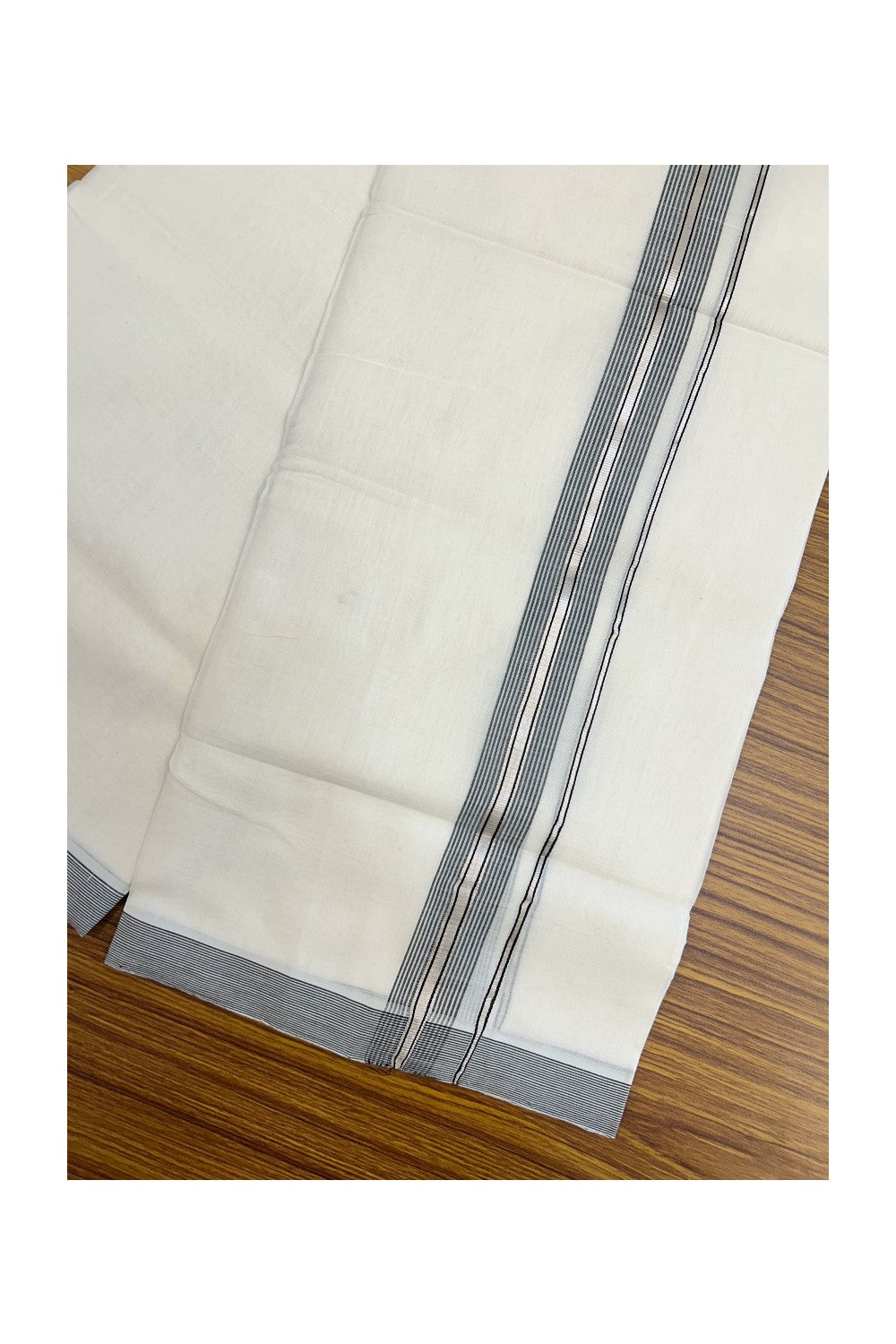 25% Discount! KaithariKada HANDLOOM UNAKKUPAAV Balaramapuram - 100% PURE Cotton OFF WHITE (Unbleached) Double Mundu/Dhoti - 80x90 - 1.25 inch Silver kasavu Black & White striped kara 4 Mtr (8.5 Muzham) - 19KK5235 YAR