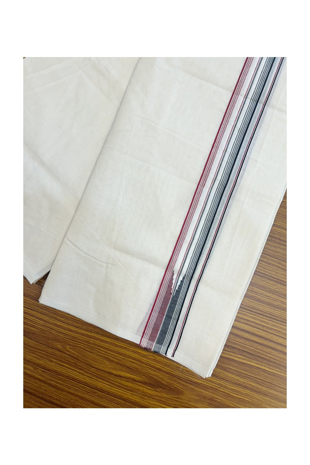 ADMK VESHTI 20% Discount !! KaithariKada Balaramapuram Double Off white - (Unbleached) Mundu/Dhoti - 100X100 - 1.5 inch Puliyilakkara Maroon Red & Black Striped Chutty Kara -4 mtr (8.5 muzham)- 19KK5238 ASH