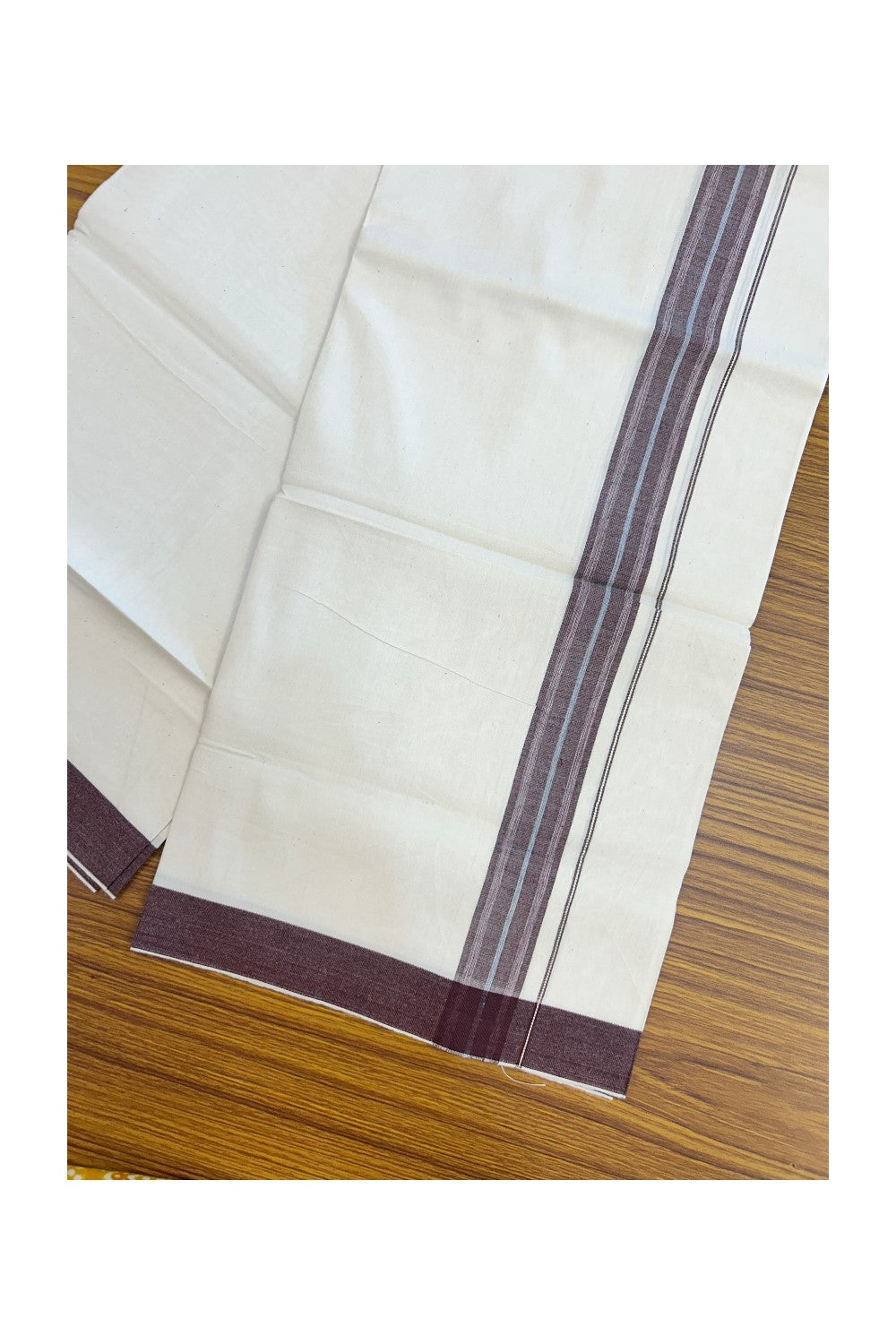24% Discount !! KaithariKada Balaramapuram 100% Cotton OFF WHITE (Unbleached) Single Mundu/Dhoti - Twisted 60s Thread - 1.25 inch Silver kasavu Dark Maroon White & Navy blue shaded striped Kara (2 meter / 4 muzham) - 48KK5241 GL