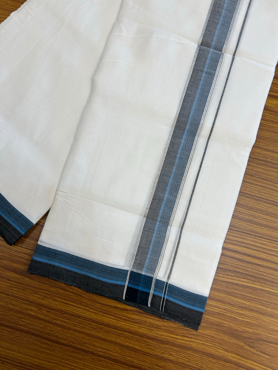 25% Discount!! NEW ULTRA PURE WHITE HANDLOOM Balaramapuram - 100% MERCERISED Cotton Double Mundu/Dhoti - 120 twisted warp x 80s weft - Blue Black Silver Kasav Kara- 19KK5248 REA