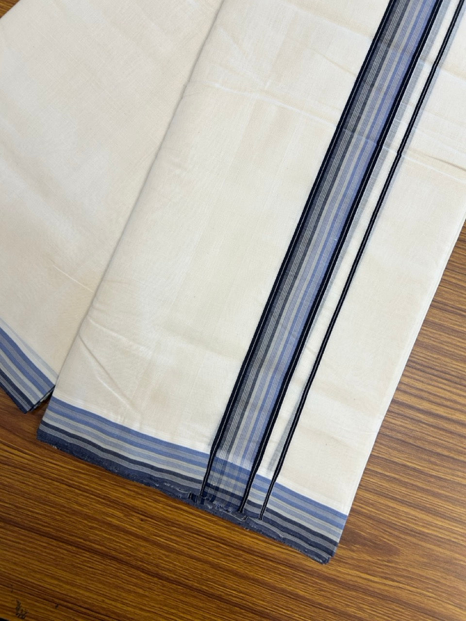 25% DISCOUNT!! KaithariKada HANDLOOM UNAKKUPAAV Balaramapuram - 100% PURE Cotton OFF White - (Unbleached) Double Mundu/Dothi - 100 x 80 - 1.5 inch Blue Black Ash Strip Kara 3.80 meter (8.5 mulam) - 19 KK5249 REA