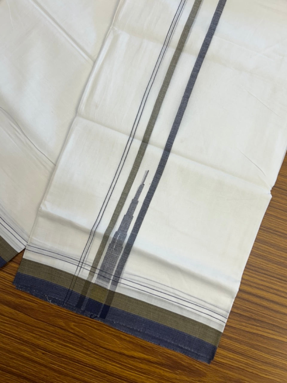 20% Discount ! NEW! KaithariKada Balaramapuram 100% Cotton Pure white Double Mundu/Dhoti - (100x80)s - 1.5 inch Navy Sage Green chutty - 19 KK5249 VIN