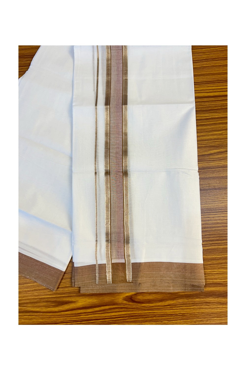 21% DISCOUNT!! Kaitharikada Balaramapuram 100% Cotton Ultra WHITE Double Mundu/Dothi-100x80 2.5 Inch BROWN & SILVER STRIPED Cotton Kara -19KK63VIN