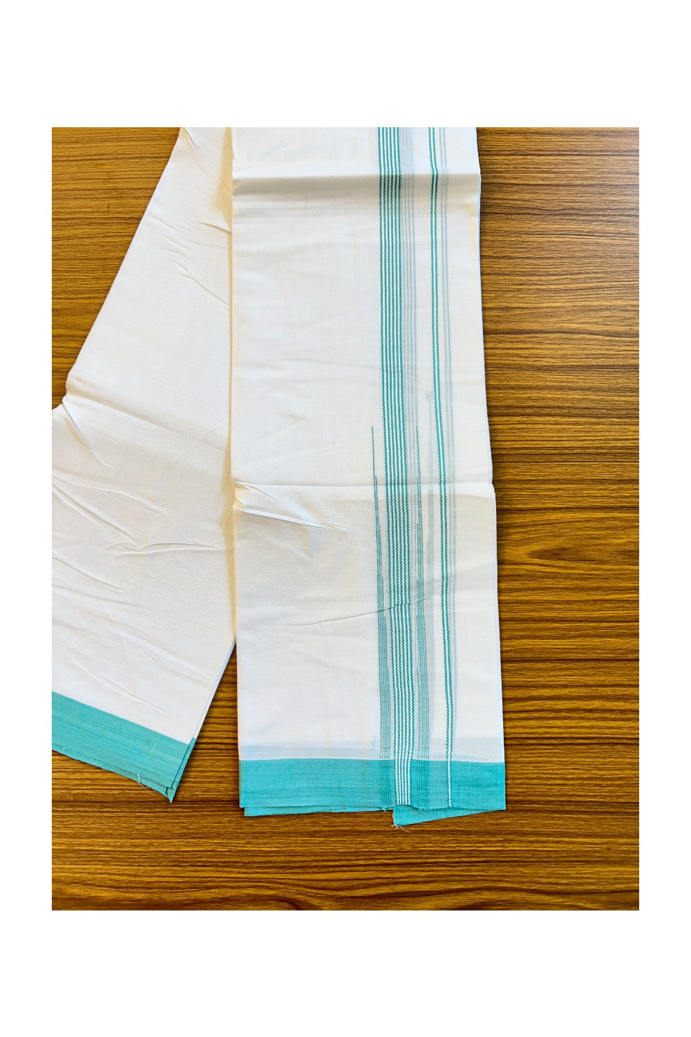 22% DISCOUNT!! Kaitharikada Balaramapuram 100% Cotton PURE WHITE Double Mundu/Dothi-100x100 2 Inch TURQUOISE BLUE Striped Cotton Kara 3.80m (8 Muzham) - 19KK74RAM