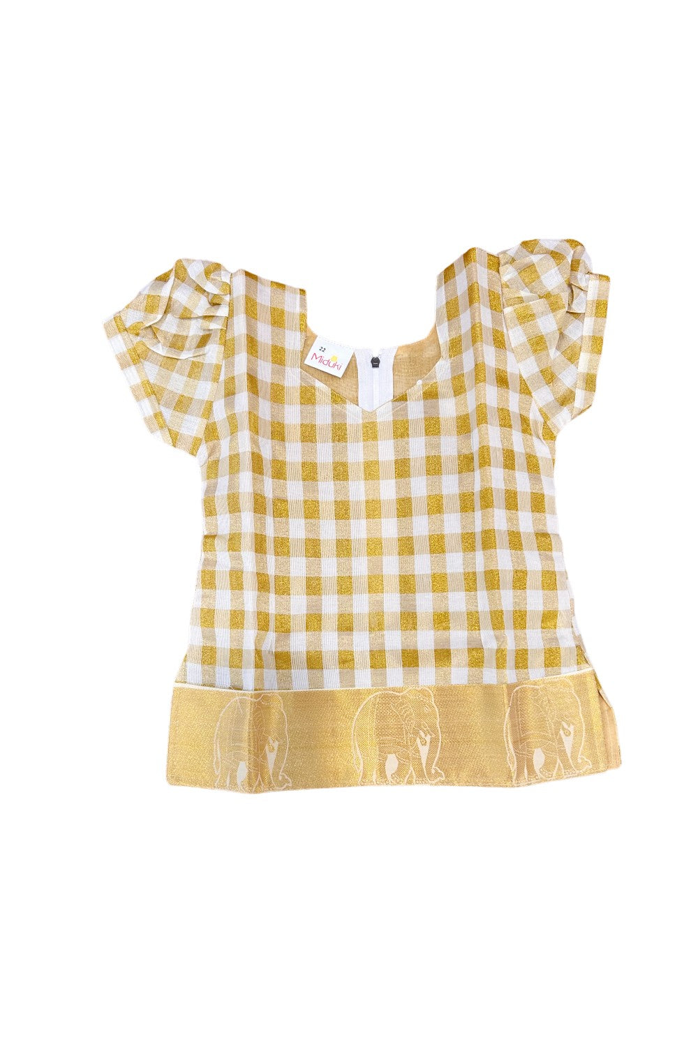 Midukki-Traditional South Indian Kids Pattu Pavada- Offwhite check top offwhite skirt with kasavu- Age 7 - KK7MID0022