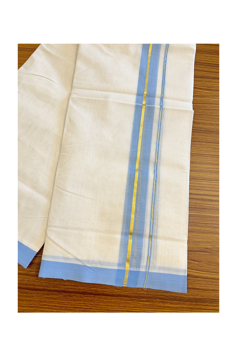 30% DISCOUNT! KaithariKada HANDLOOM Millpaav Balaramapuram - 100% PURE Cotton Off White (Unbleached) - Double Mundu/Dhoti - 2.25 inch Gold Kasavu & Blue Kara- 13