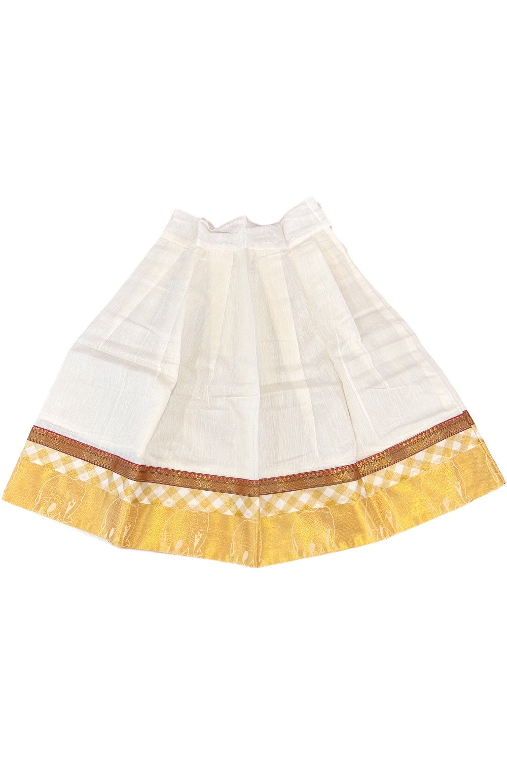 Midukki-Traditional South Indian Kids Pattu Pavada- Offwhite check top offwhite skirt with kasavu- Age 7 - KK7MID0022