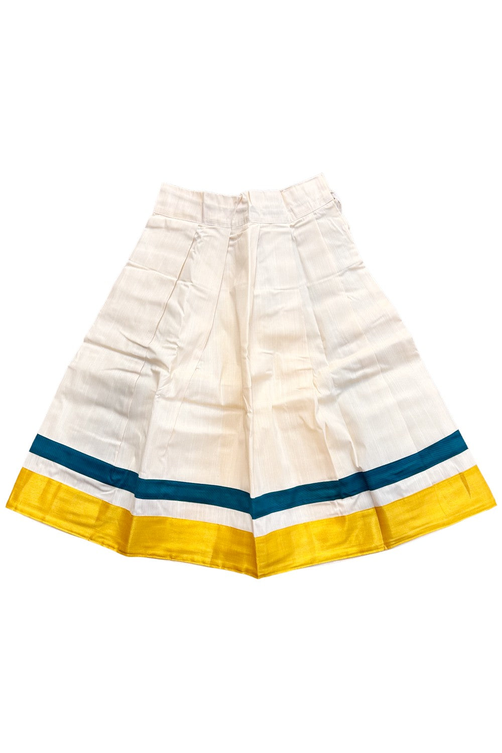 Midukki-Traditional South Indian Kids Pattu Pavada- peacock green top with emboss work offwhite skirt with kasavu - Age 8 - KK8MID0019