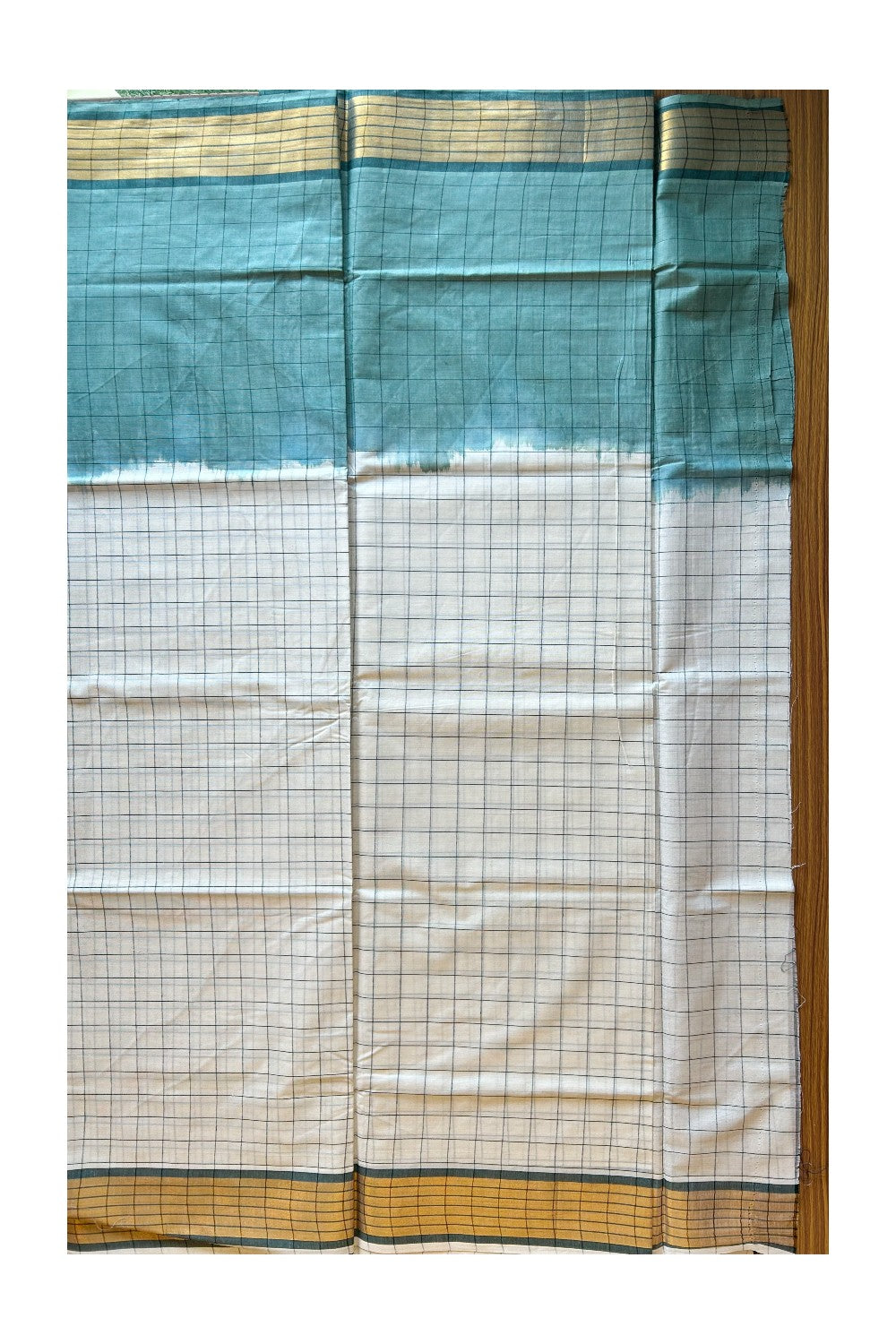 15% Discount! Kaitharikada Kerala Cotton Saree - Green Color Dyed & Gold Kasavu Green Striped Kara - 19KK1003HAR