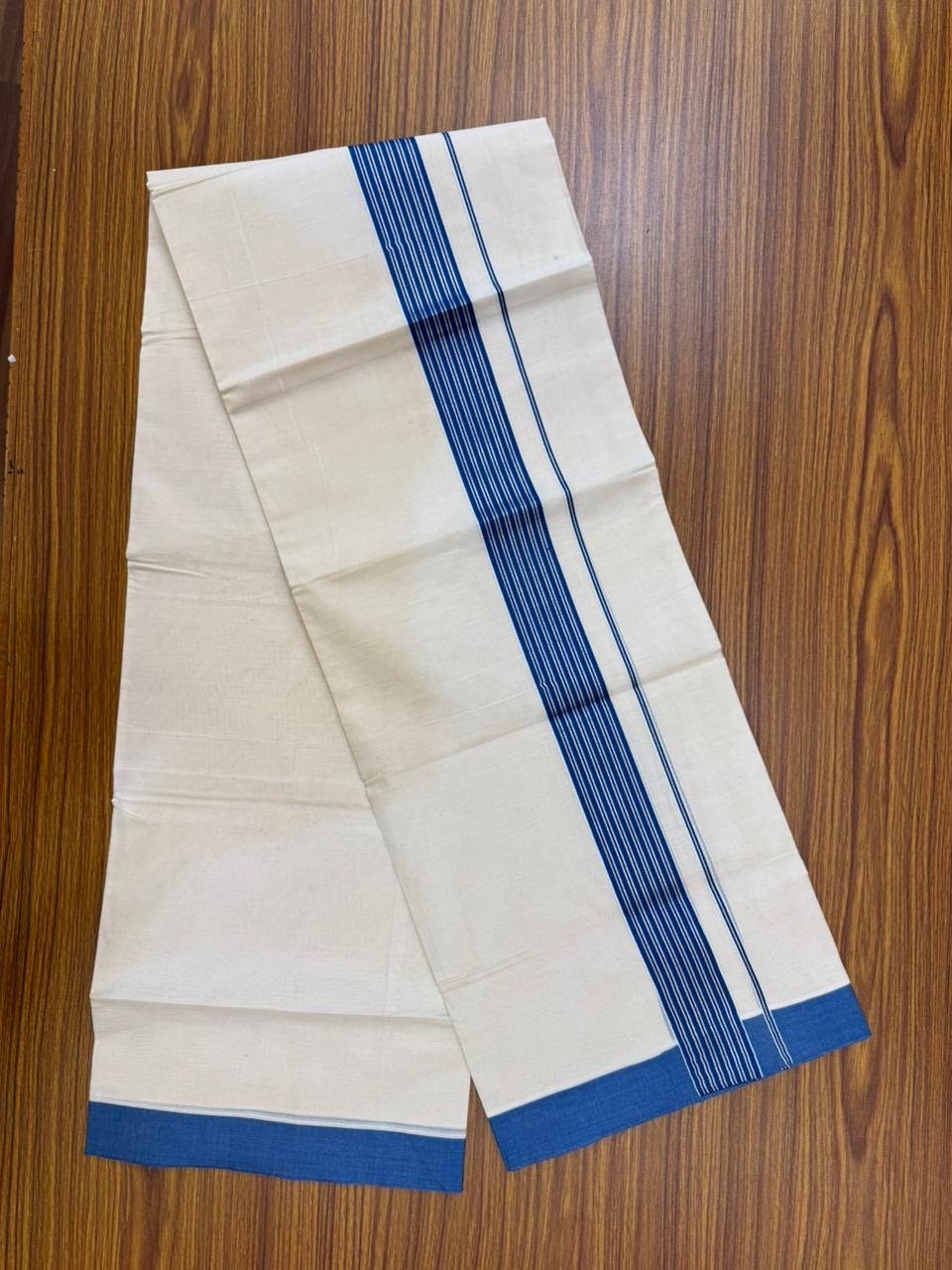 20% Discount! KaithariKada Balaramapuram 100% Cotton Off white Double Mundu/Dhoti - (100x80)S - 1.75 inch Blue & Silver Kasav Striped Kara - 4mtr (8.5muzham) - 79 KK5255 VAS