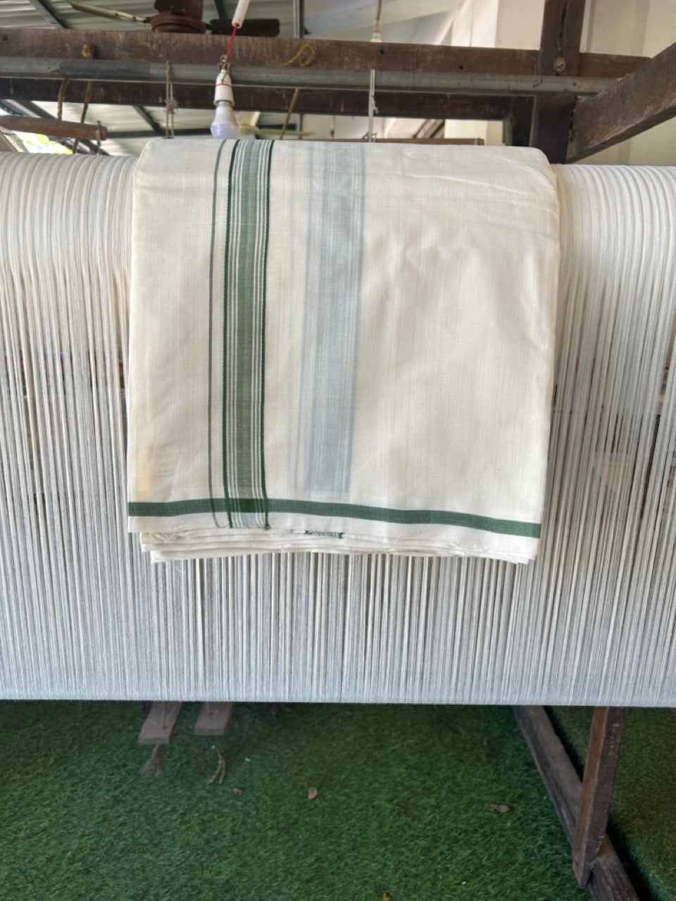PREMIUM HANDLOOM-20% DISCOUNT! KaithariKada Cotton OFF White - 100x80 thread- NORTH INDIAN ATTACHED GAMCHA - 9X5 & 10X6 muzham Dhoti - 1.5 inch Green Border - 2KK5223VEL