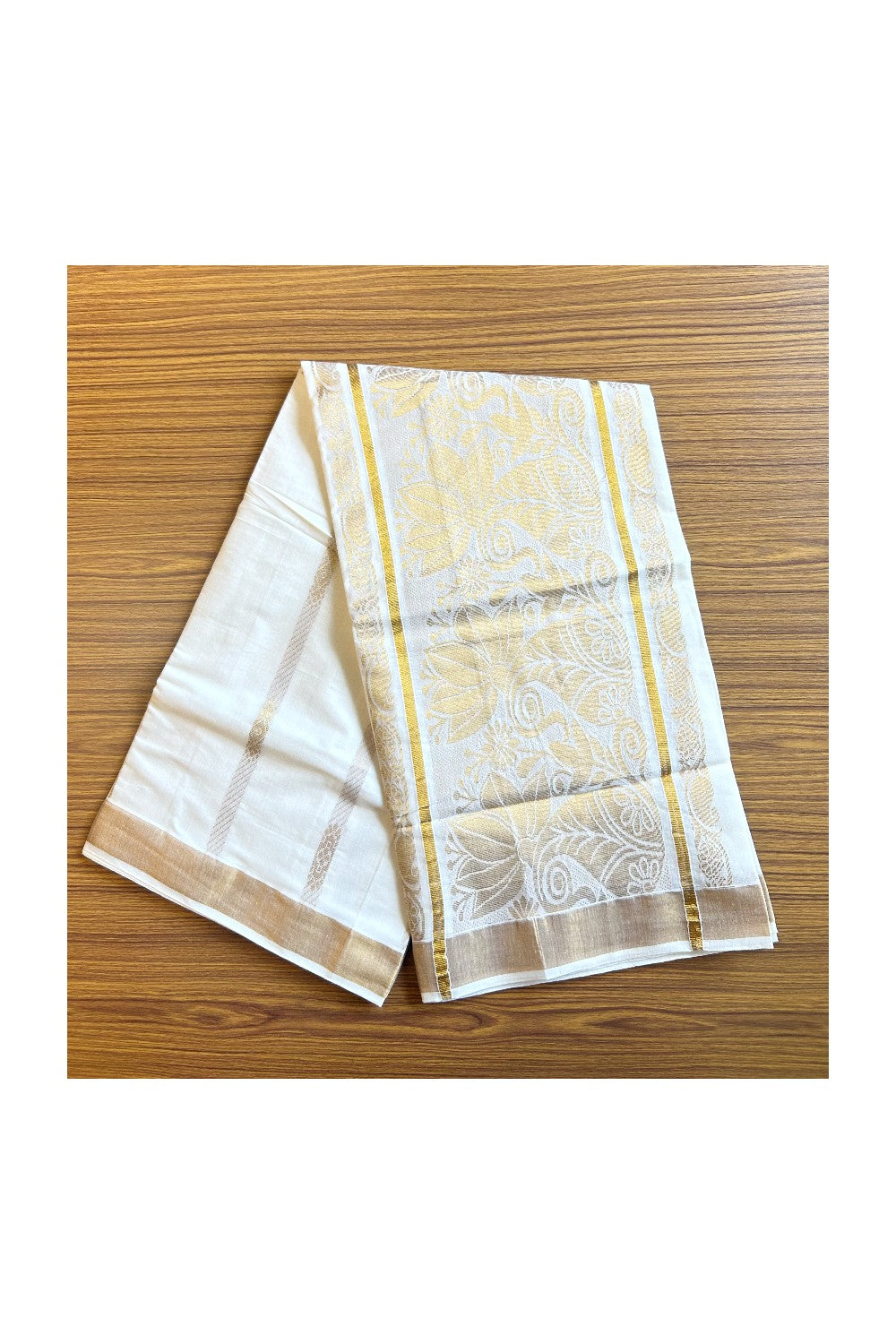 Kaitharikada Kerala Cotton Saree Off white - 29.5 inch Kasav Zari with Peacock Pattern Putta Design- 2KK1002JEE