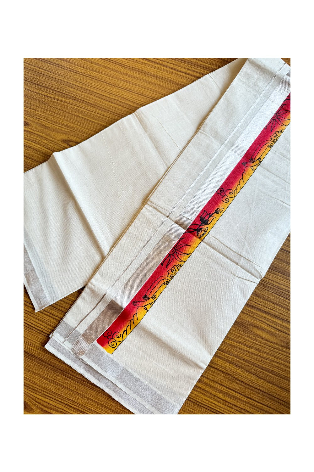 30% Discount! KaithariKada Balaramapuram 100% Cotton off white Double - (Unbleached) Mundu/Dhoti-80x72- Silver Kasavu HAND PAINTED Yellow Red Flower pattern 3inch Kara - 2KK424CEE