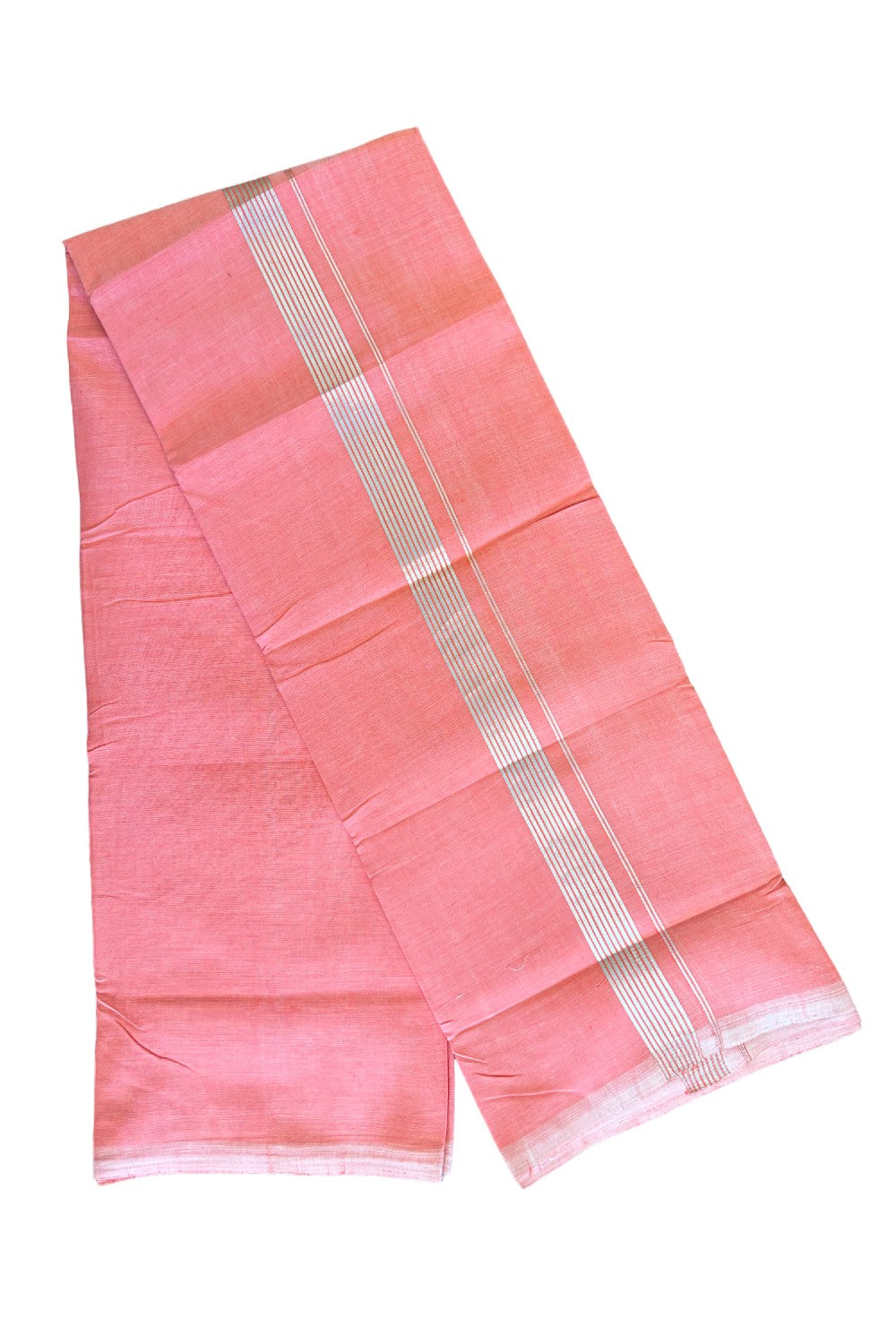 30% Discount! KaithariKada Handloom 100% Cotton Double Mundu/Dhoti - Peach Colour Body & Silver Striped 1.75inch Kara 3.80 mtr (8 Muzham) - 2KK452SOM