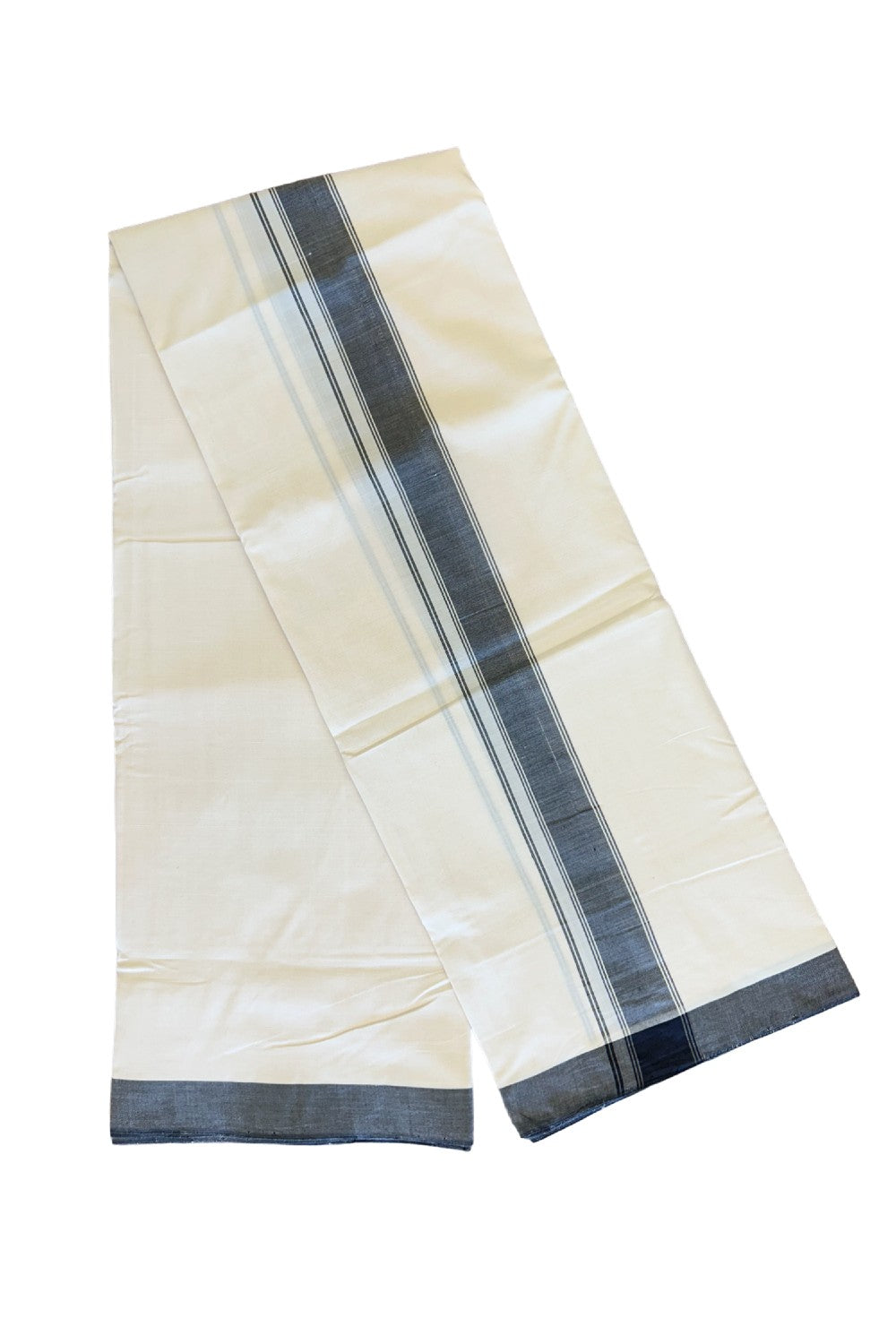 120X120 PREMIUM Kaitharikada Exclusive - 25% DISCOUNT! BALARAMAPURAM HANDLOOM Unakkupaavu - 100% PURE Cotton Double Mundu/Dhoti OFF WHITE ( Unbleached) - 2 inch Black Striped Kara - 2KK477KAL