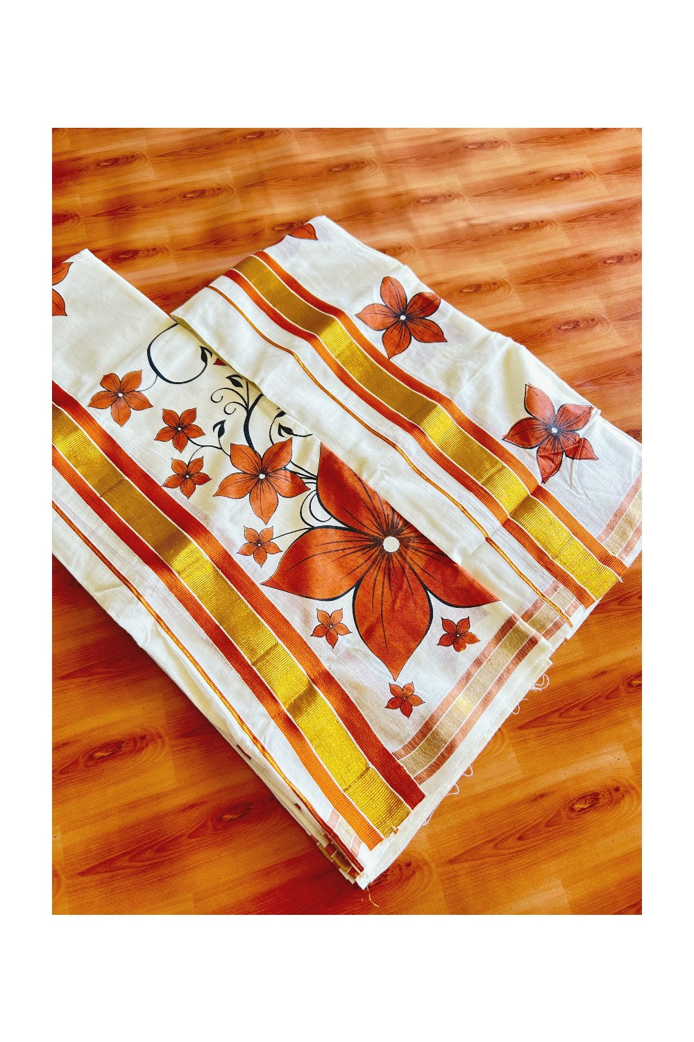 22% Discount!! KaithariKada - Kerala Cotton SINGLE SET MUND FOR WOMEN - Kasavu Kara with Orange Flower Design - 2KK495VIN