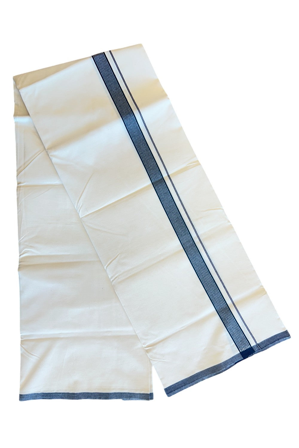 20% DISCOUNT ! KaithariKada Balaramapuram 100% COTTON SINGLE OFF WHITE - (Unbleached) Mundu/Dhoti-Twisted 100s Thread- 1.5 inch Black Striped Kara (2 metre / 4 muzham) - 2KK5023ASH