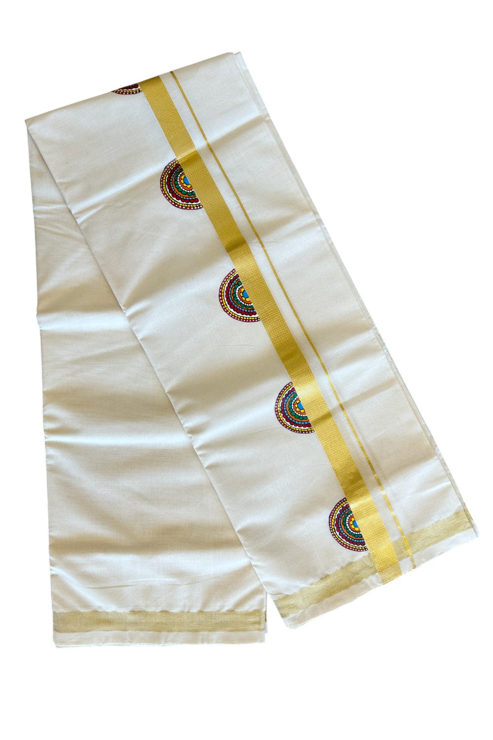 KaithariKada HANDLOOM Millpaav Balaramapuram - 100% PURE Cotton OFF White - (Unbleached) Double Mundu/Dothi - 1.75 Inch Hand Painted Flower Design & Kasavu Kara - 2KK5038KK