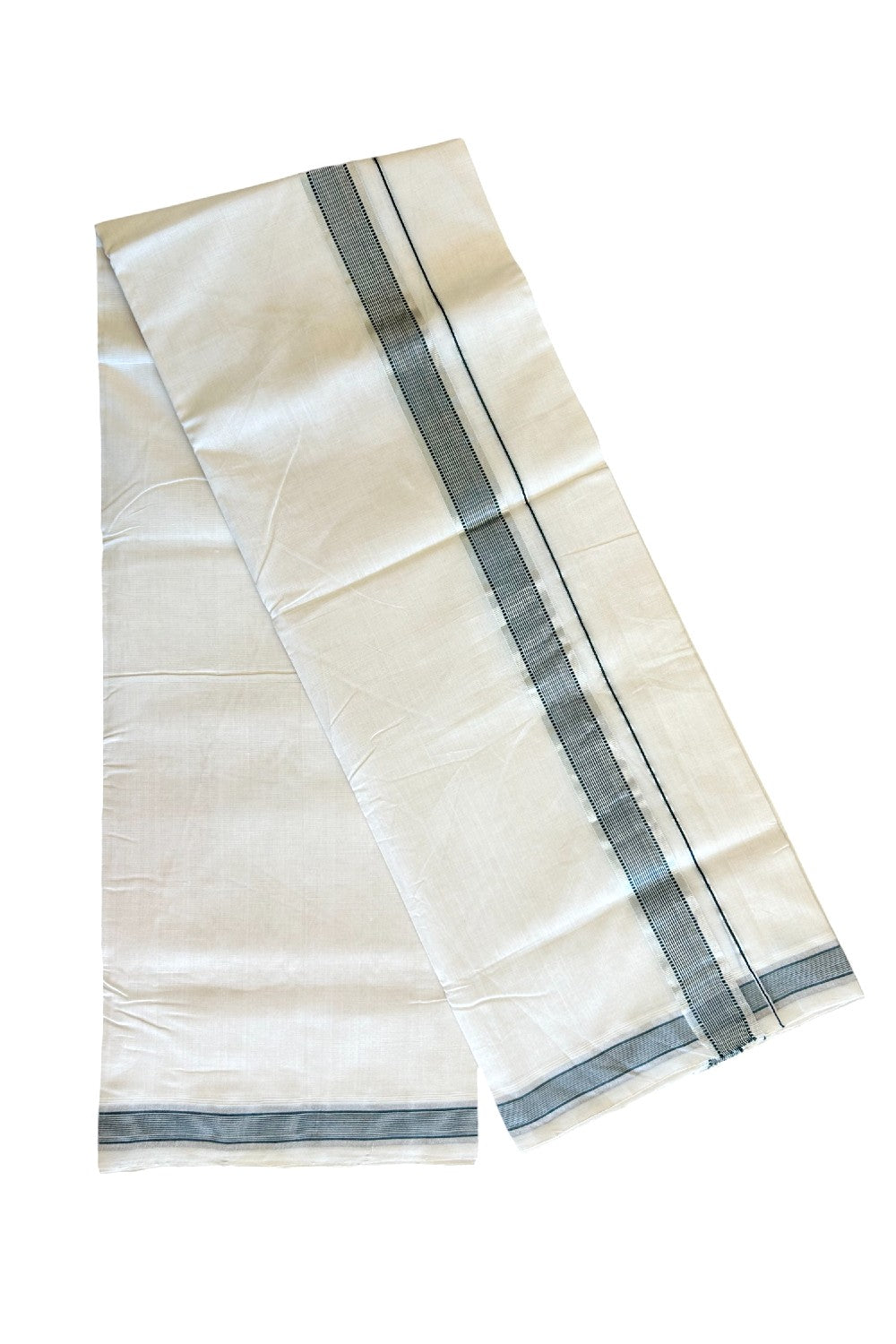 25% DISCOUNT!! KaithariKada HANDLOOM Unakkupaav Balaramapuram - 100% PURE Cotton OFF White - (Unbleached) Double Mundu/Dothi - 2 inch Green & Silver striped pattern kara - 2KK503RAM