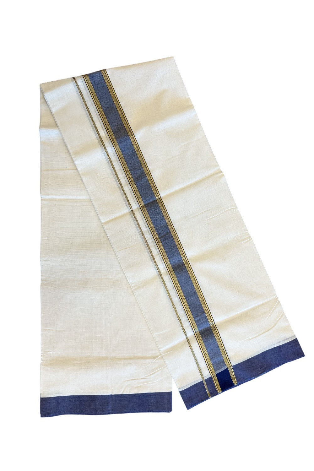 30% Discount KaithariKada HANDLOOM Unakkupaav Balaramapuram - 100% PURE Cotton Off white (Unbleached) Double Mundu/Dhoti - 2.5 inch Kasavu Stripes & Navy Blue kara-163
