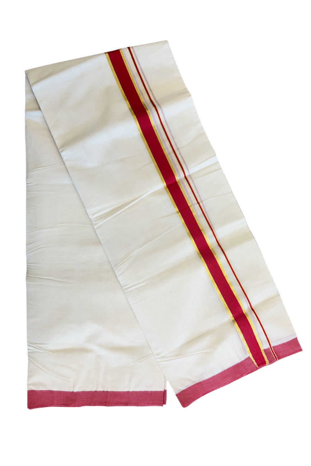 10% DISCOUNT! KaithariKada Balaramapuram 100% Cotton HANDLOOM Double Off white (Unbleached) Mundu/Dhoti-100X100- 2 inch Gold Kasavu &Red Kara-25.