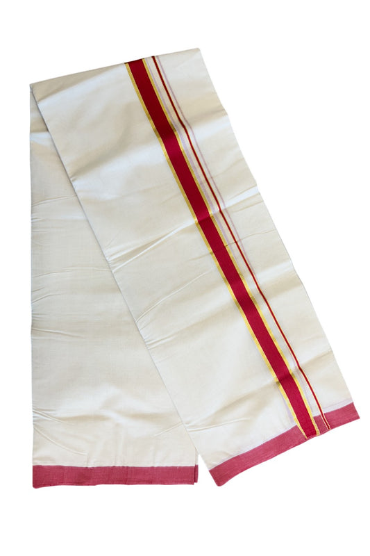 10% Discount! KaithariKada Balaramapuram 100% Cotton Handloom  Double Off white (Unbleached) Mundu/Dhoti-100X100- 2 inch Gold Kasav & Red Kara-25.