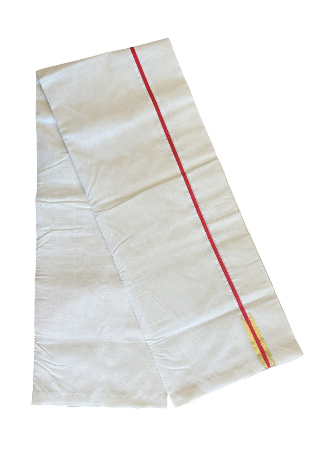 30% DISCOUNT!! KaithariKada HANDLOOM UNAKKUPAAV Balaramapuram - 100% PURE Cotton OFF White - (Unbleached) Double Mundu/Dothi -Red Kara & Kasavu Puliyilakkara Chutty- 2KK506RAM